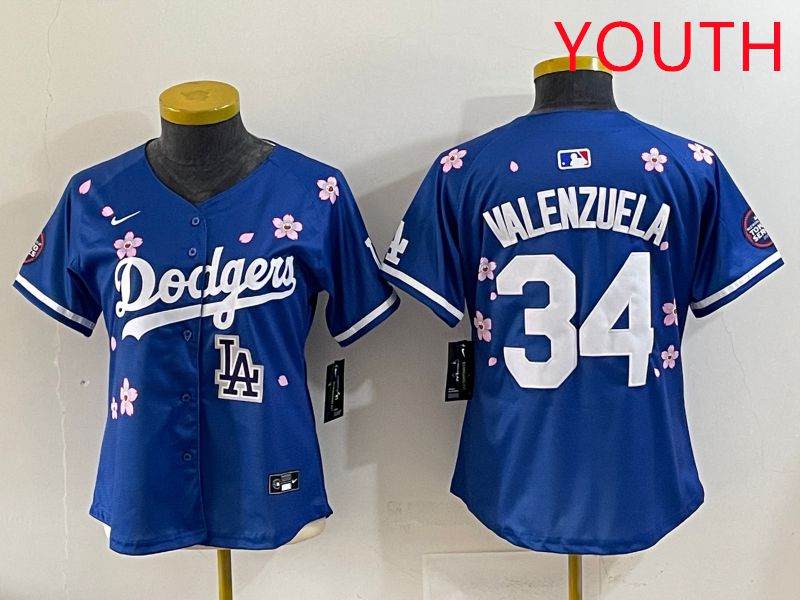 Youth Los Angeles Dodgers 34 Valenzuela Blue Sakura Edition 2025 Nike MLB Jersey style 40